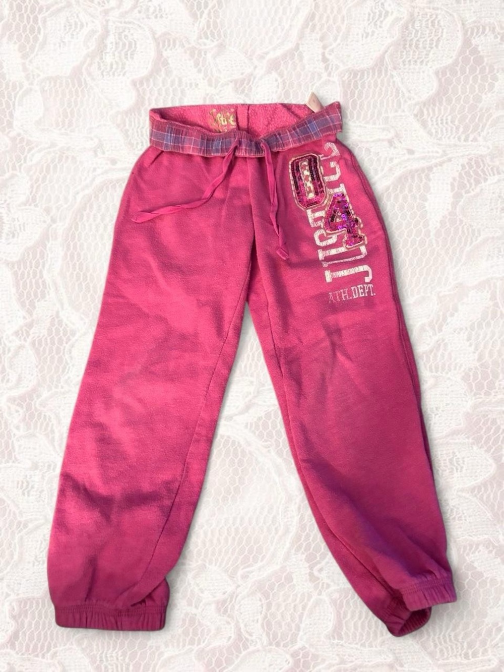 Justice Hot Pink Sweatpants with Plaid Waistband